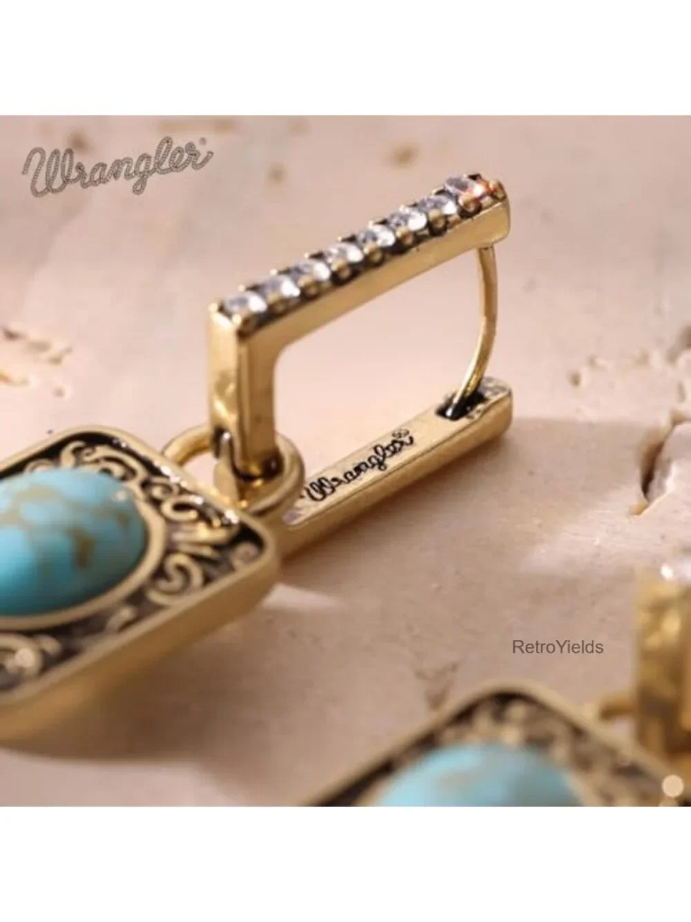 Western Square Drop Hoop Earrings for Women 14k Gold Plated Turquoise Cowgirl